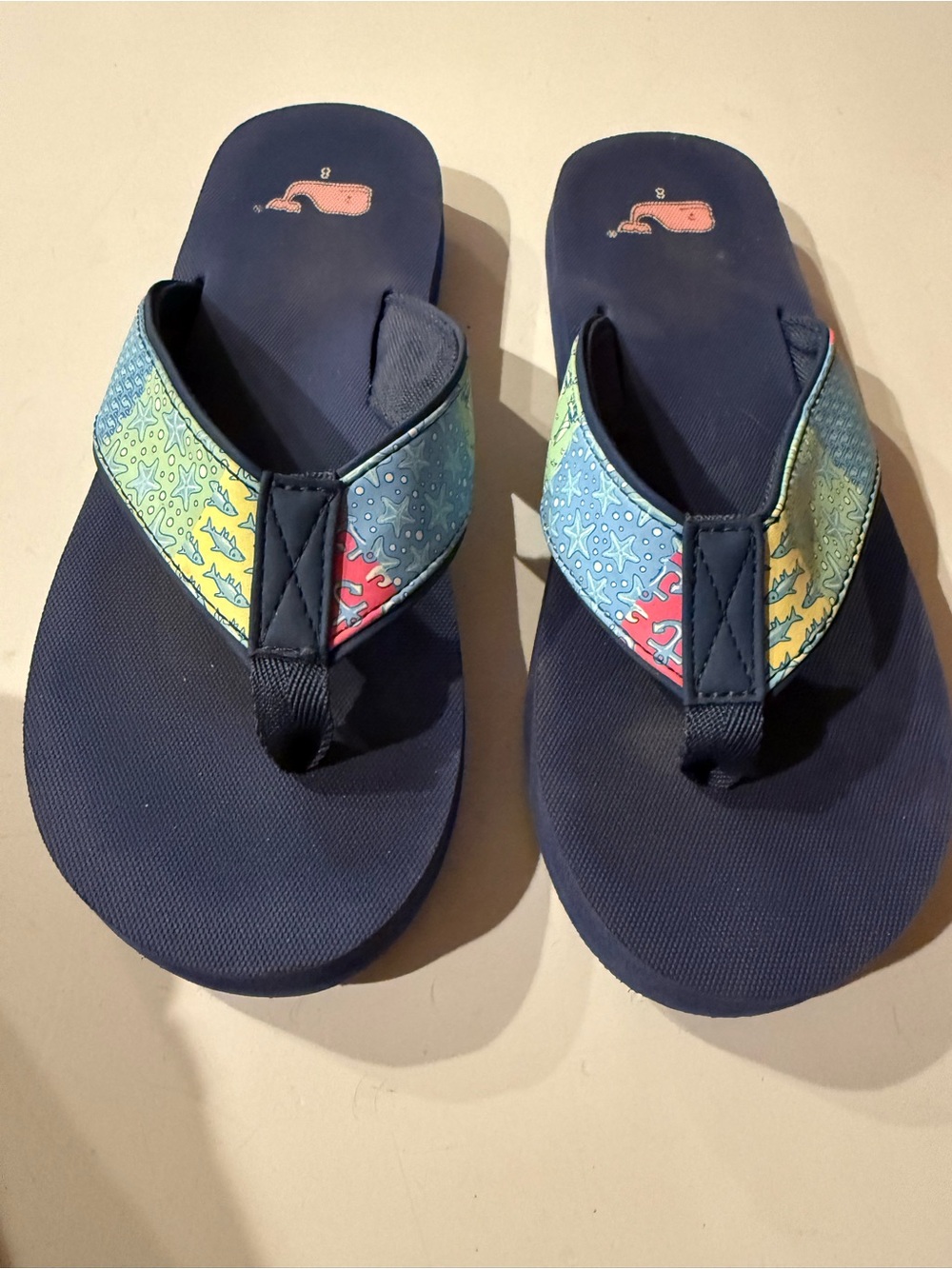 Vineyard Vines Navy Flip Flop Sandals with Multicolor Patterned Straps